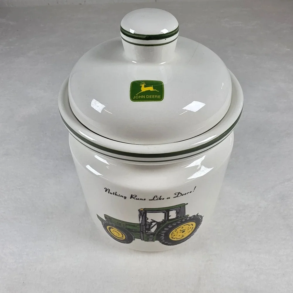John Deere Gibson Ceramic CookieJar Nothing Runs Like a Deere Tractor WhiteGreen